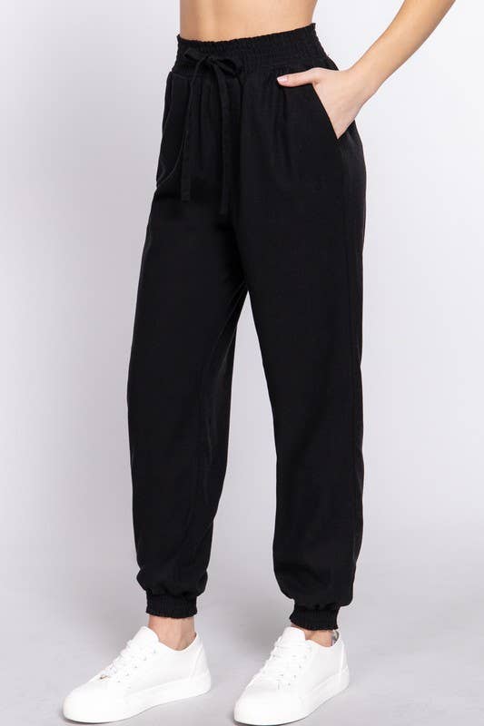 Smoked Waist Linen Jogger Pants: Blk-Black / M