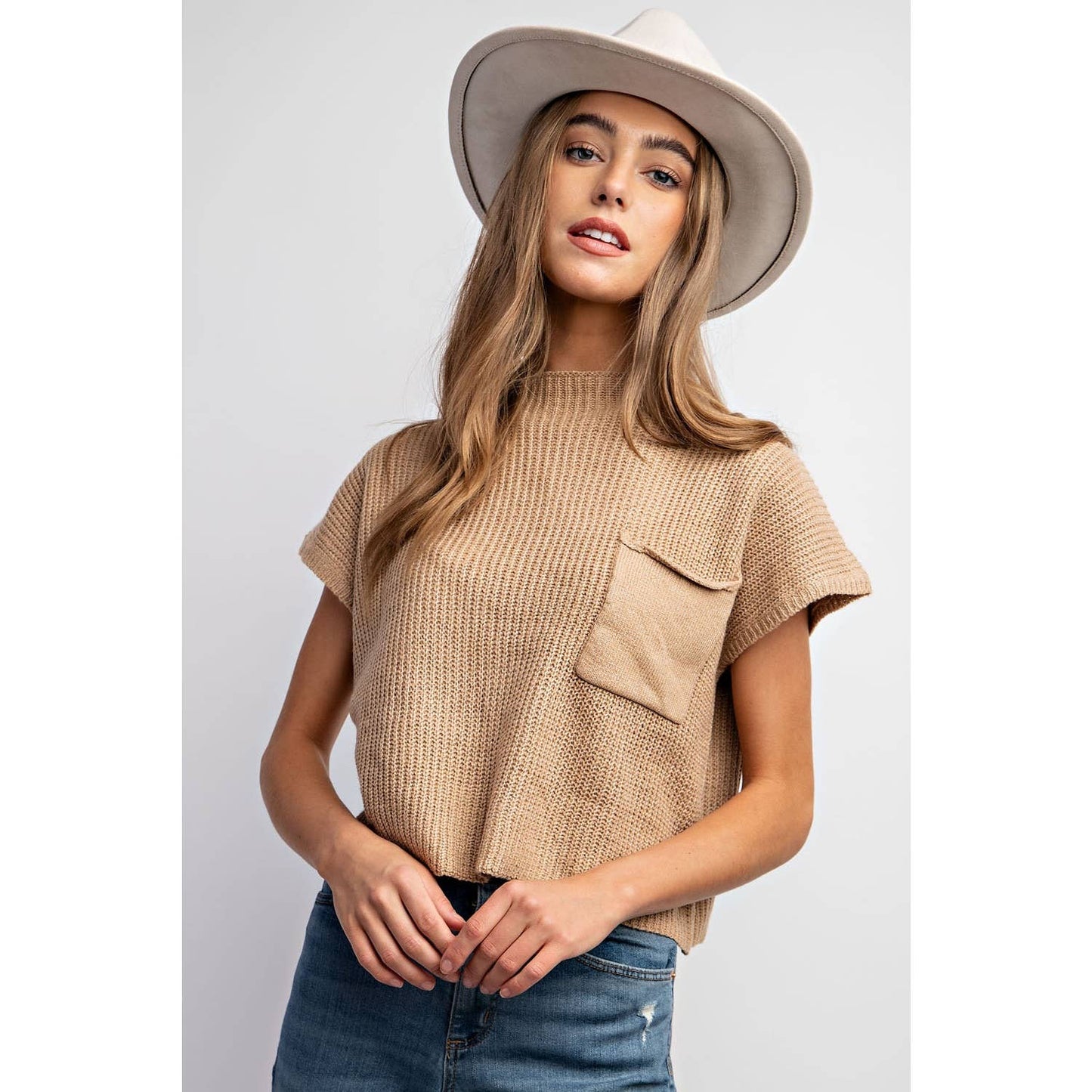 DROP SHOULDER RIB-KNIT SWEATER TOP : Taupe