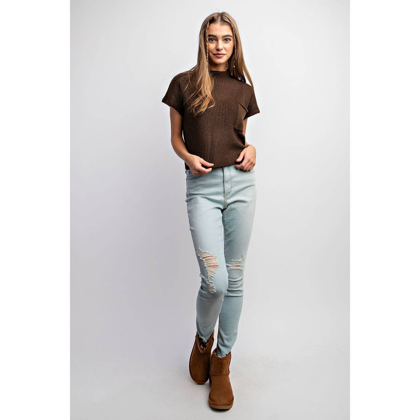 DROP SHOULDER RIB-KNIT SWEATER TOP: Taupe / S-M-L(2-2-2)