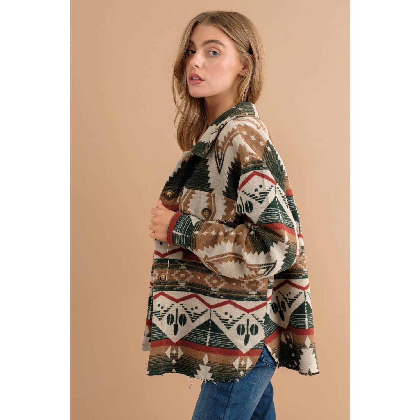 TRIBAL AZTEC PATTERN BUTTON DOWN SHIRT JACKET