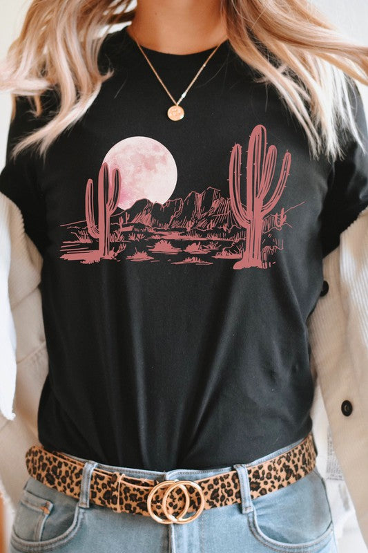 Pink Moon Night Desert Scene Cacti Graphic Tee