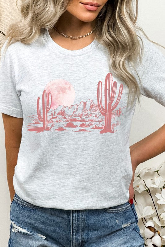 Pink Moon Night Desert Scene Cacti Graphic Tee