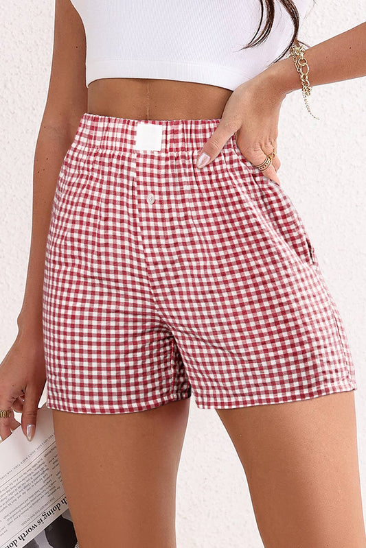 Stripe Plaid Printed High Waist Gingham Shorts: Red