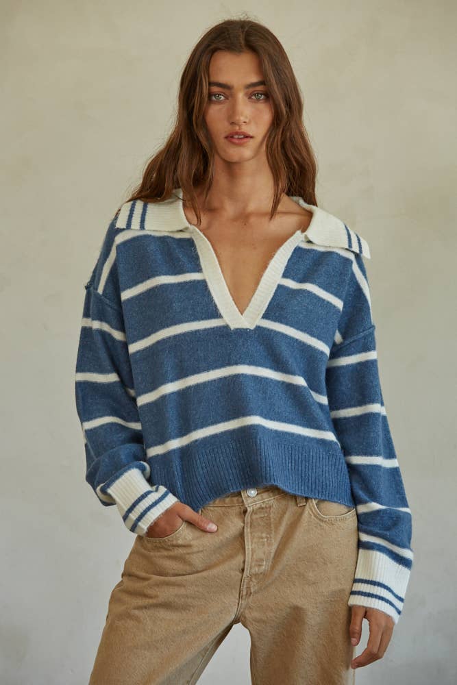 Knit Sweater Striped Collar V-Neck Long Sleeve Top