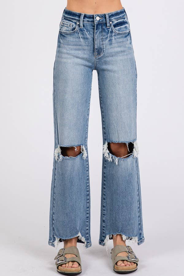 P1371W-MD HIGH RISE STRETCH SLIM WIDE LEG W/ DESTROYED HEM: 13/30