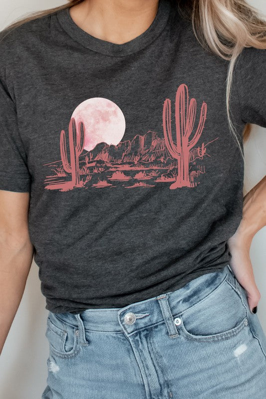 Pink Moon Night Desert Scene Cacti Graphic Tee