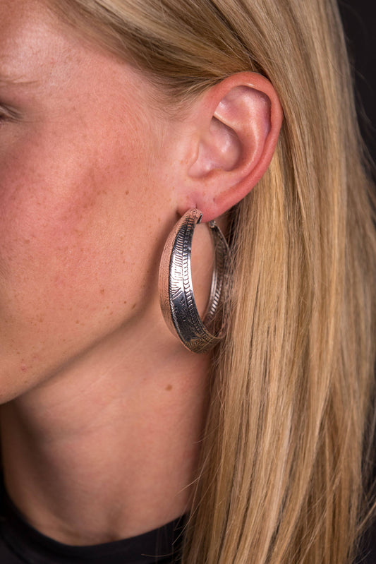 Burnished Silver Tooled Hoop Earring