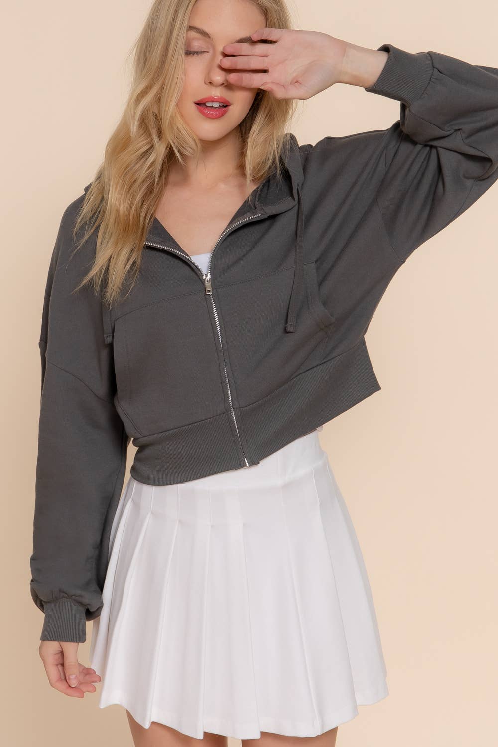 Long Sleeve Hoodie French Terry Zip Up Jacket: IVY-beige / M