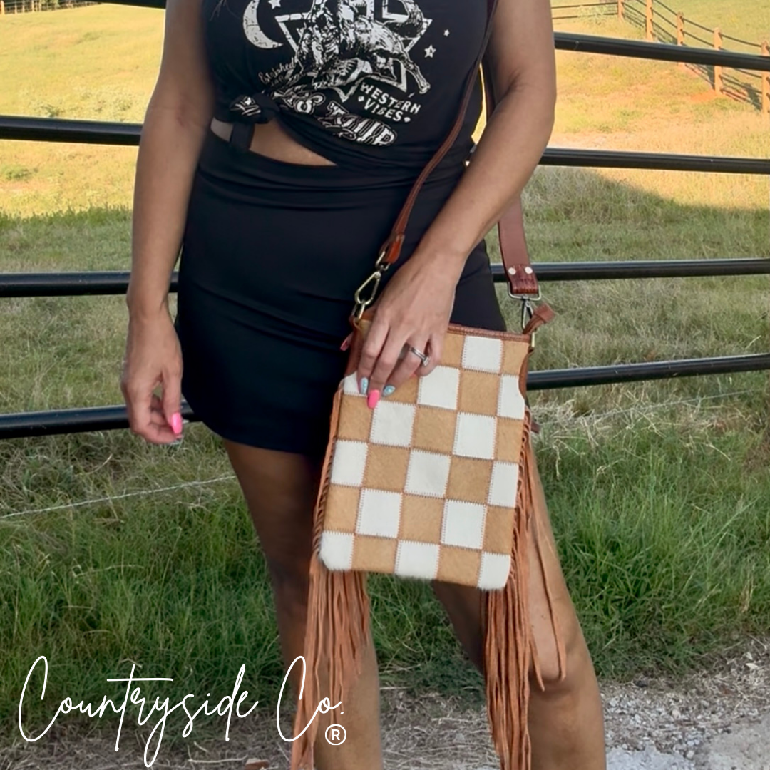 Stockdale Checkered Cowhide Fringe Purse, Brown & White