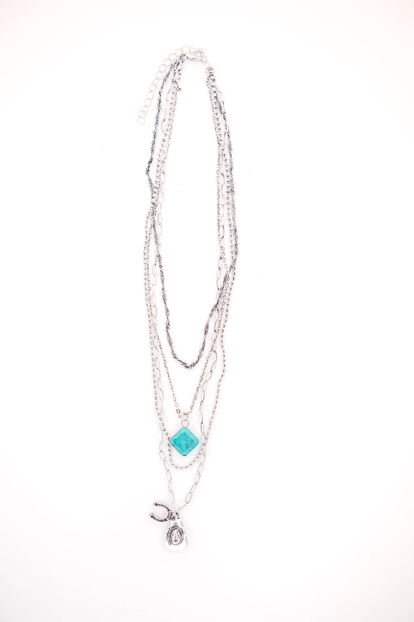 18k Gold Plated Layered Chain Necklace w/ Western Charms: White Gold