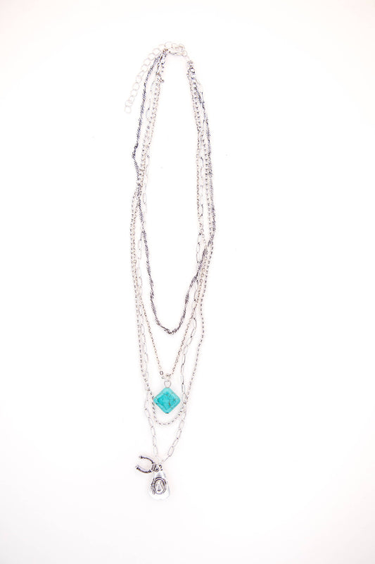 18k Gold Plated Layered Chain Necklace w/ Western Charms: White Gold