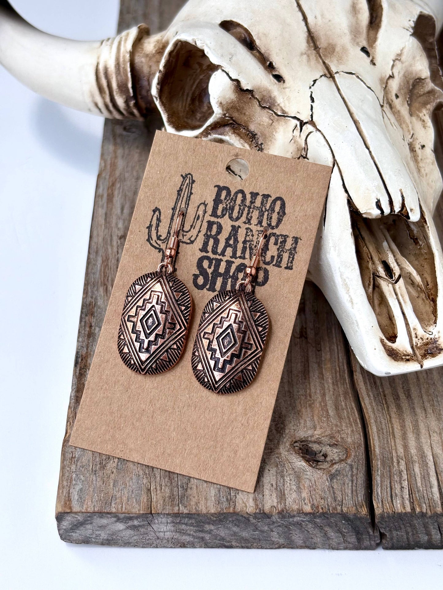 Western Engraved Aztec Drop Dangle Earrings: Silver