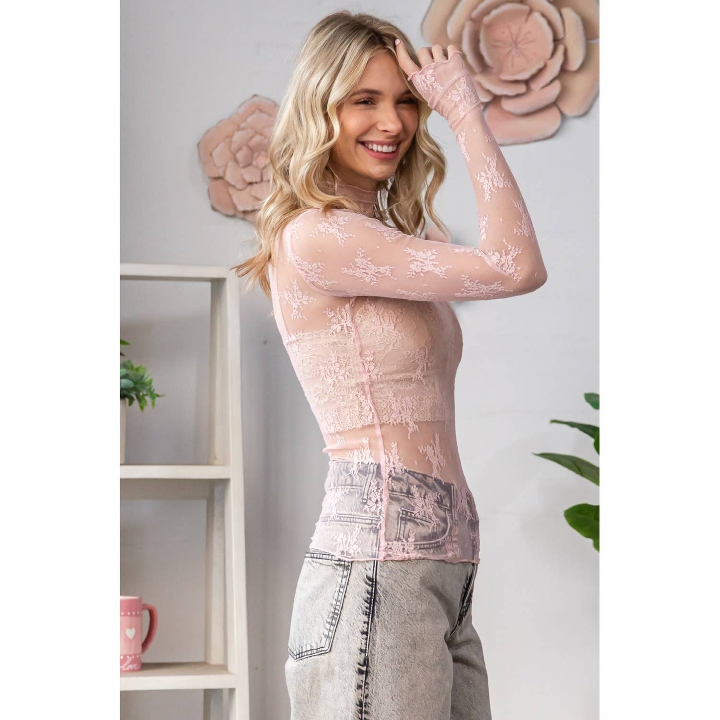 Lace Long Sleeve See Through Top