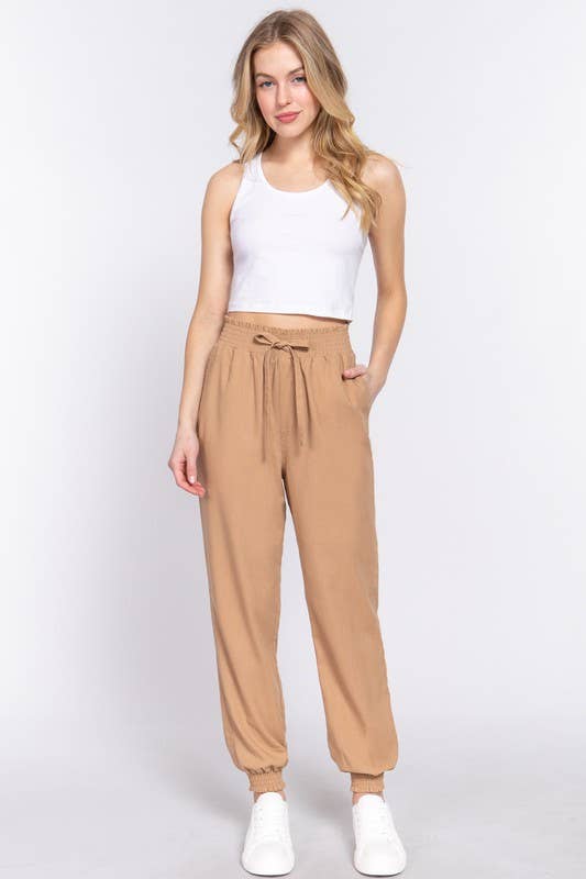 Smoked Waist Linen Jogger Pants: Blk-Black / S