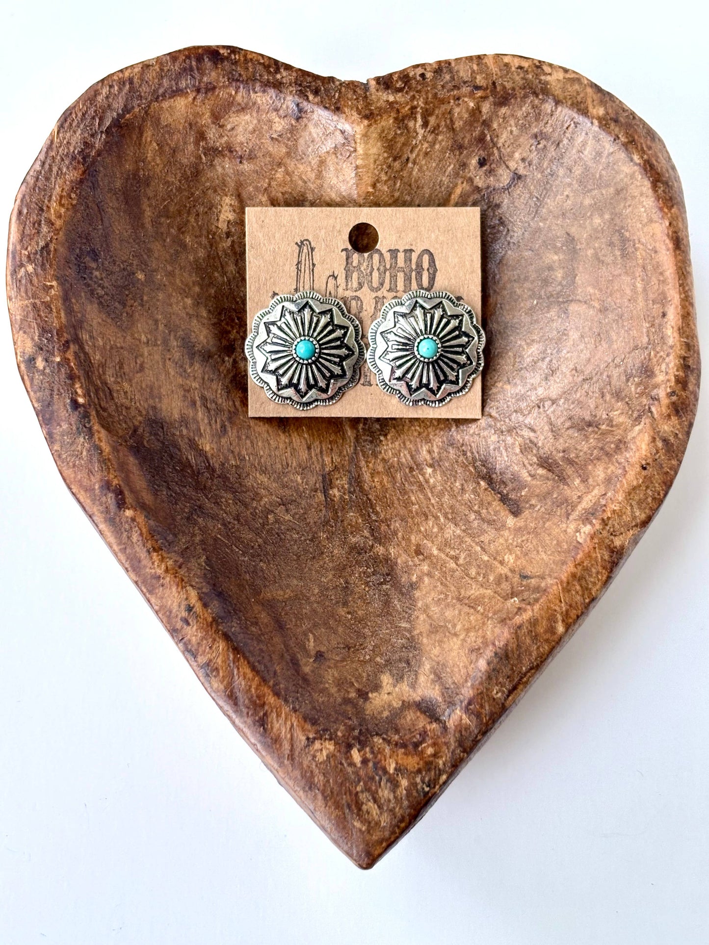 Western Engraved Round Concho with Stone Stud Earrings: Turquoise