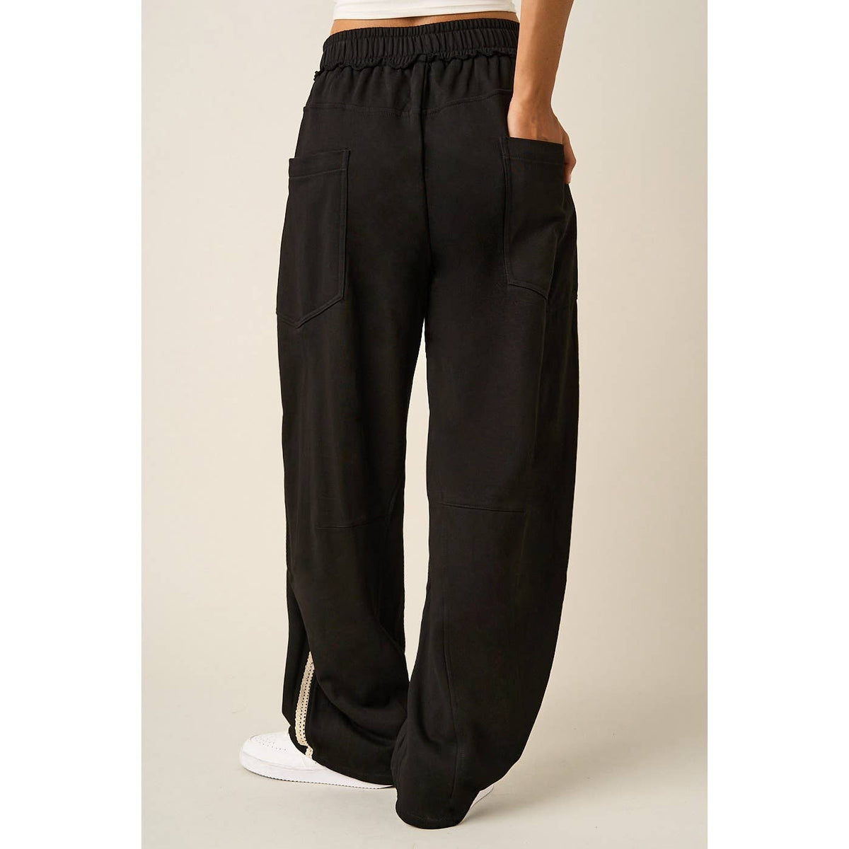 LACE TRIM BARREL LEG DRAWSTRING PANTS: MOCHA MOUSSE / S-M-L(2-2-2)