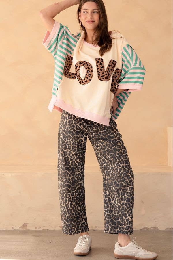 Leopard Denim Mid Rise Barrel Jeans