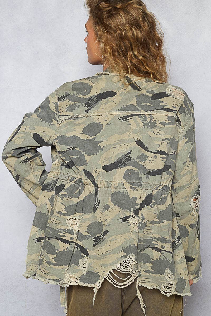 Zipper Waist Tie Camo Print Jacket with Pockets: VINTAGE CAMOUFLAGE / L