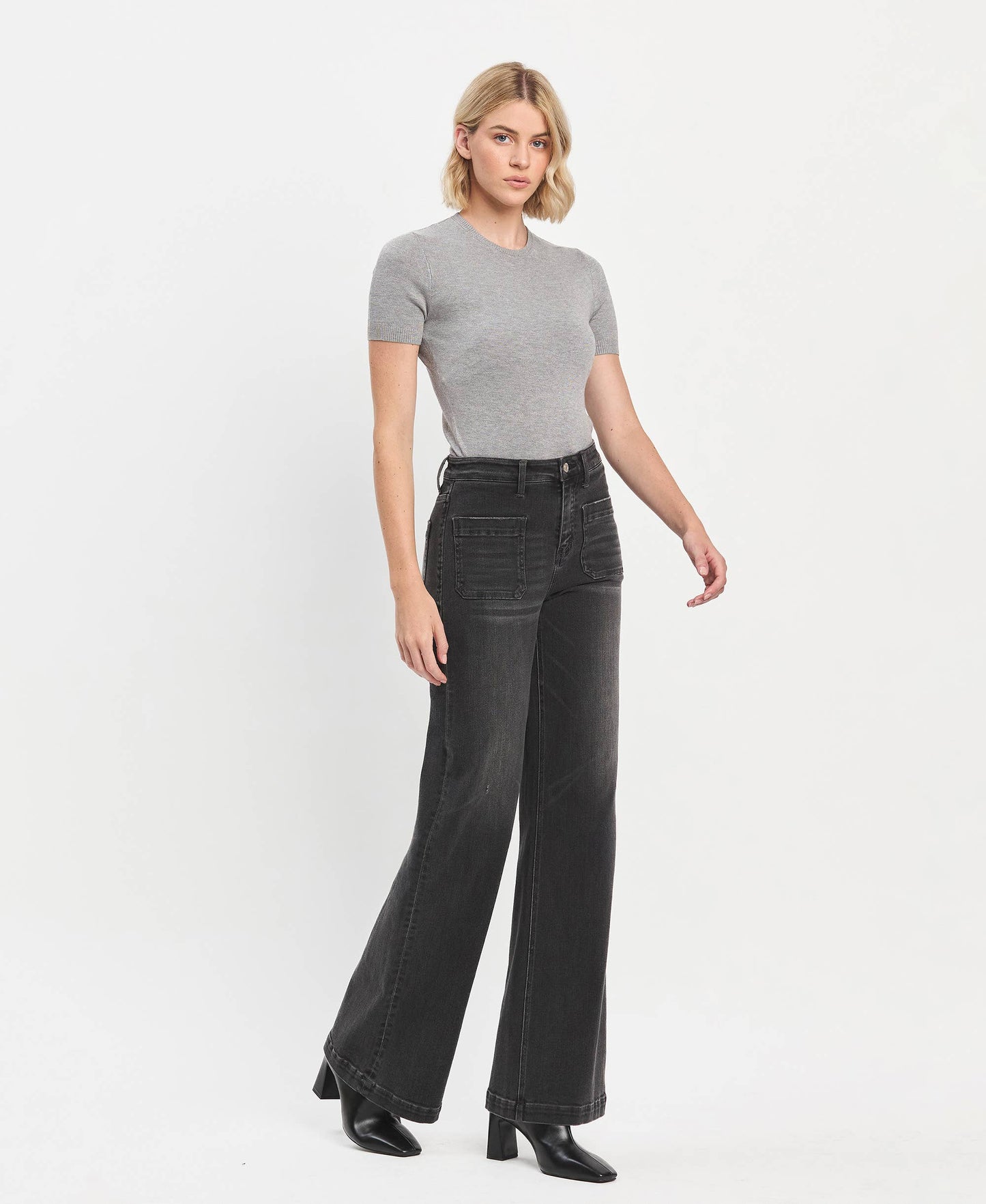 HIGH RISE PATCH POCKET BLACK WIDE LEG TROUSERS