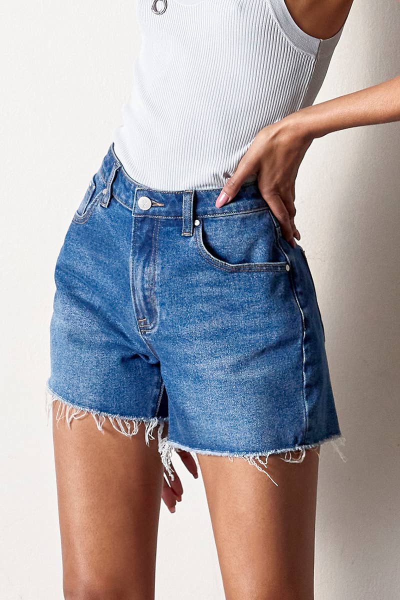 High Rise Trim Midi Stretch Denim Shorts: S