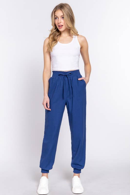 Smoked Waist Linen Jogger Pants: Blk-Black / S