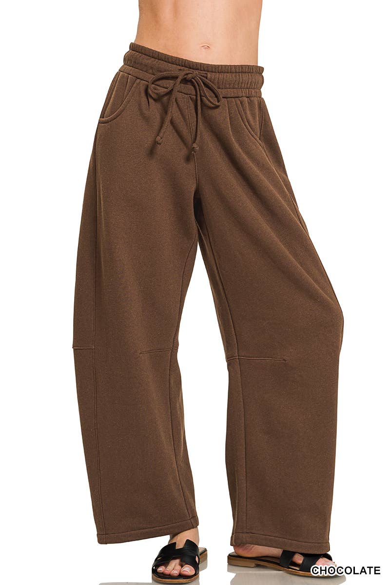 Fleece Barrel Leg Sweatpants w/ Pockets Zenana: LT BEIGE-201383 / L
