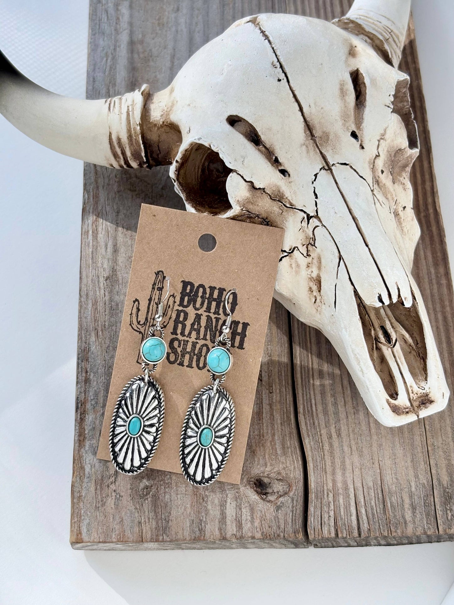 Western Style Oval Concho Turquoise Stone Drop Earrings