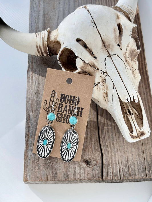 Western Style Oval Concho Turquoise Stone Drop Earrings