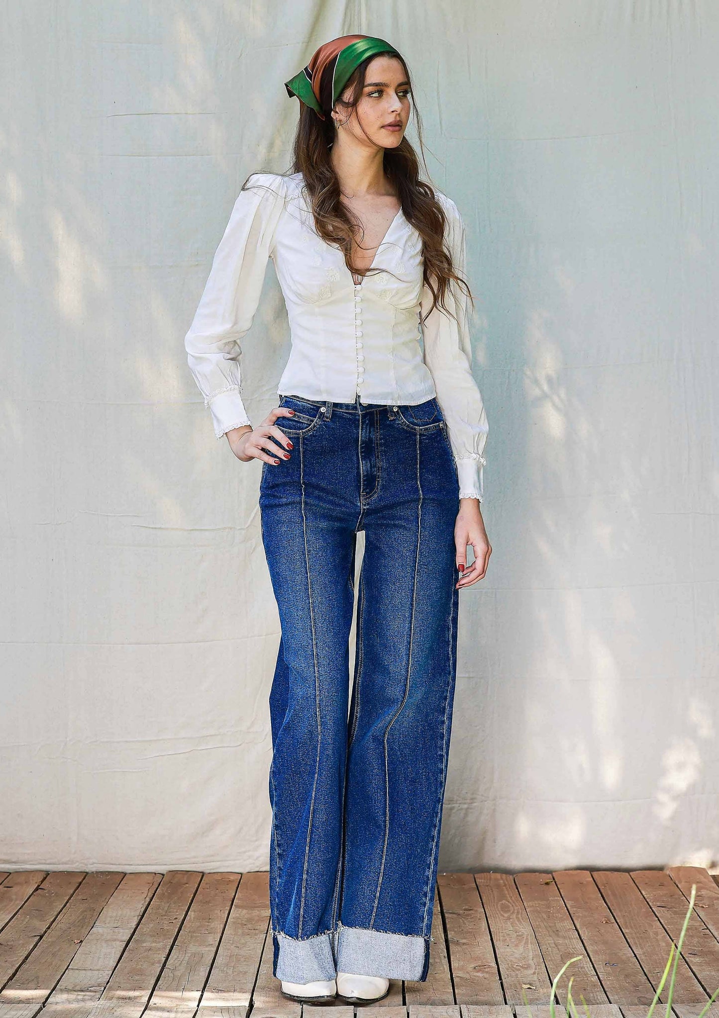 Folded Hem Wide Leg Jeans: Dark Stone