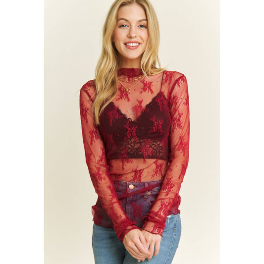 MESH LACE HIGH NECK DESIGN LONG SLEEVE FITTED TOP: Burgundy