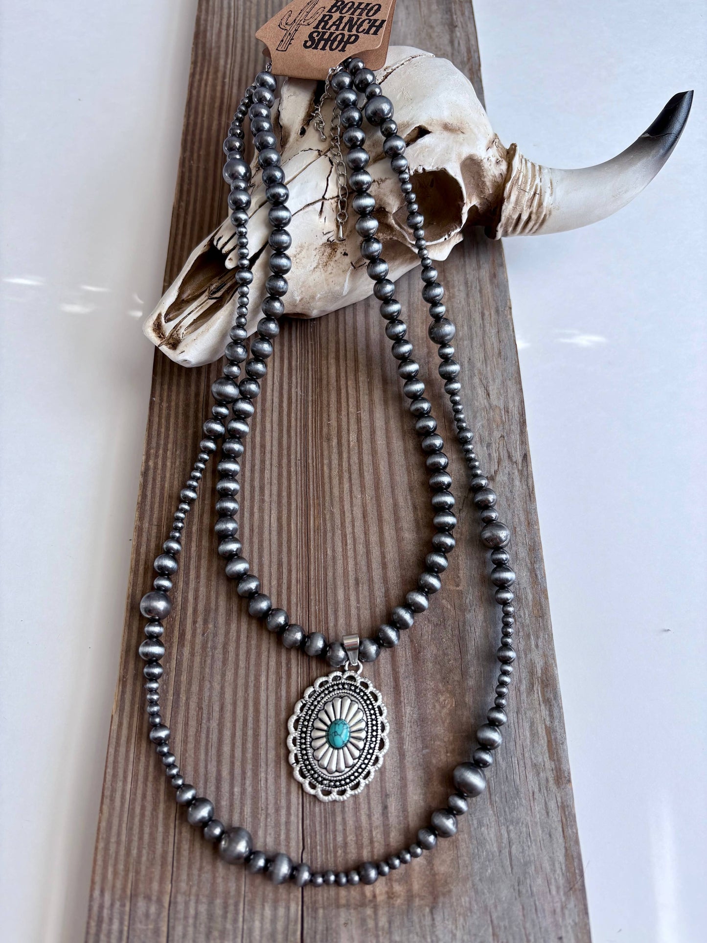 2 Layer Navajo Pearl Bead Stone Concho Pendant Necklace: TURQUOISE
