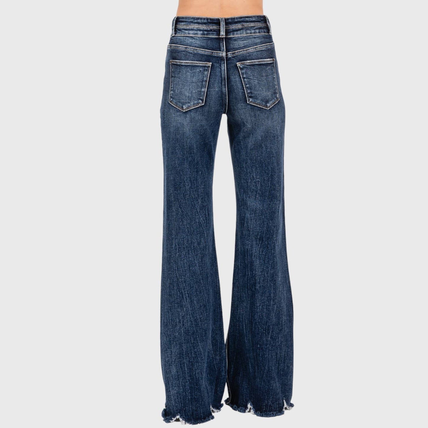P1153F-DM HIGH RISE STRETCH  WIDE LEG FLARE W/ FRAYED HEM: 5/26