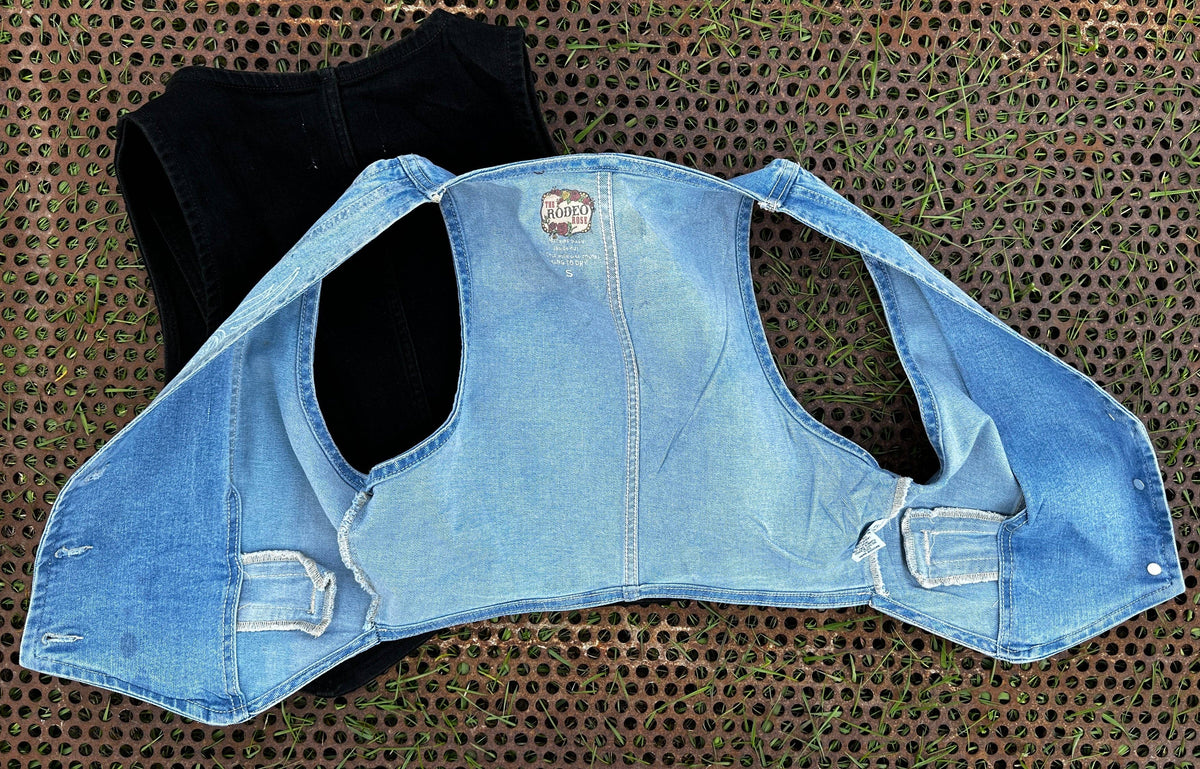 Cropped denim vest with hand tooled printed pattern: Denim / Large