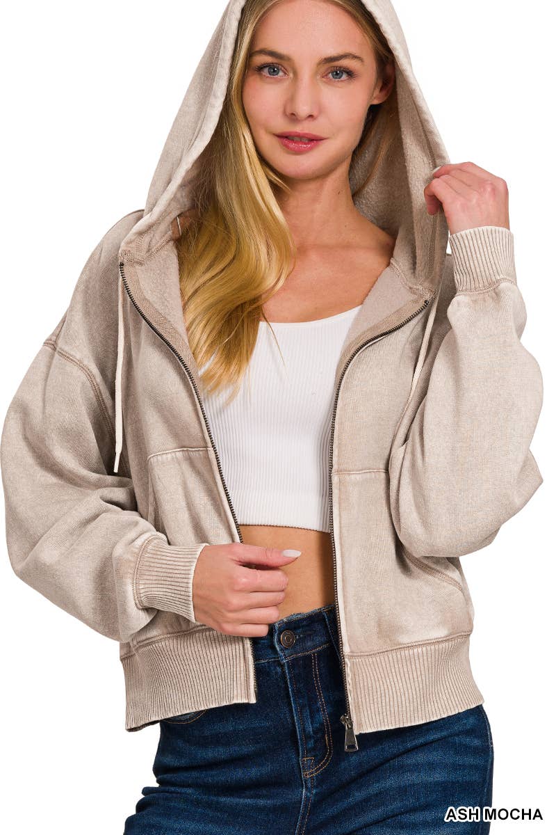 `Acid Wash Fleece Cropped Zip Up Hoodie - Zenana: MOCHA-159846 / L