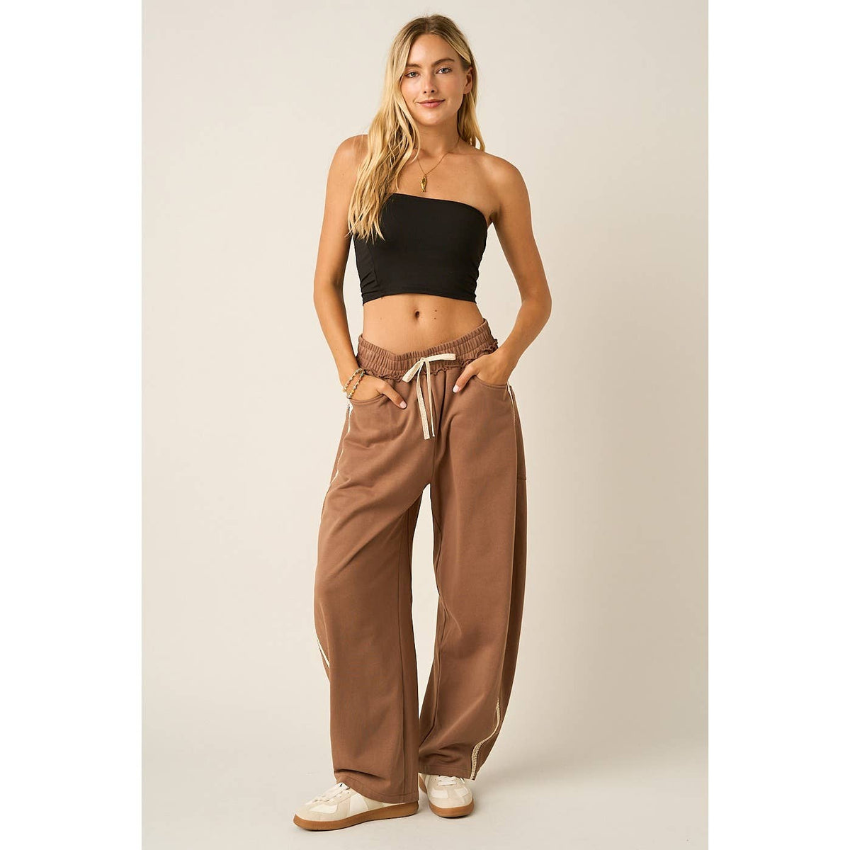 LACE TRIM BARREL LEG DRAWSTRING PANTS: MOCHA MOUSSE / S-M-L(2-2-2)