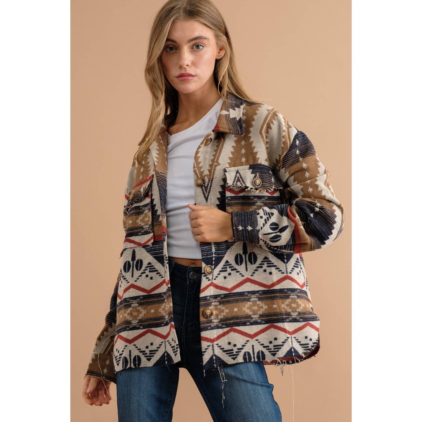 TRIBAL AZTEC PATTERN BUTTON DOWN SHIRT JACKET