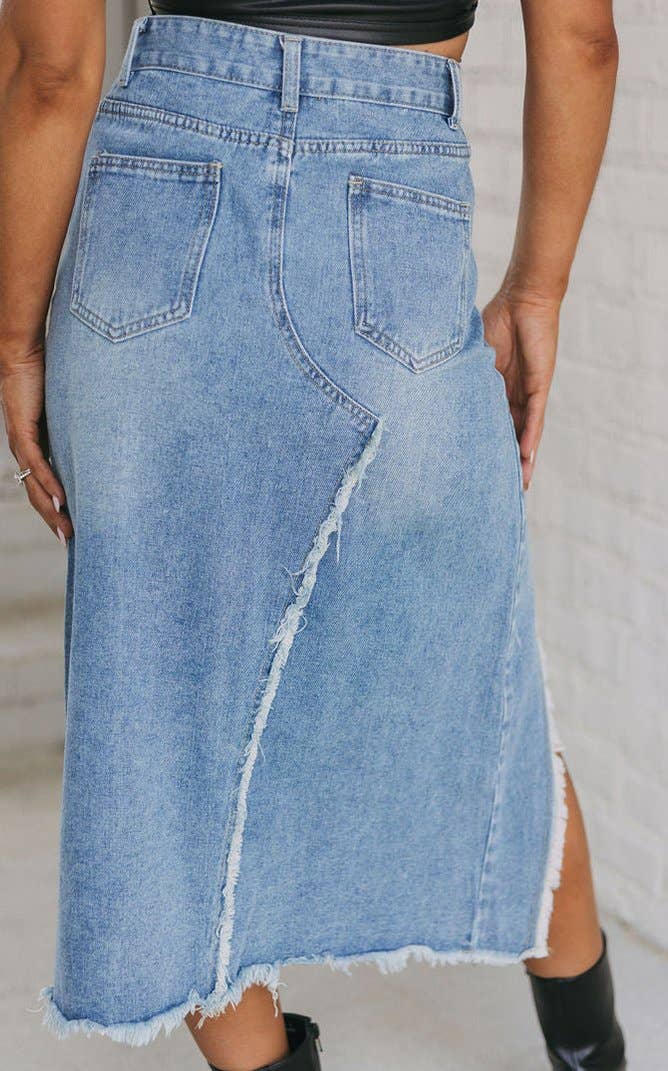 Frayed Slit Asymmetric Denim Midi Skirt