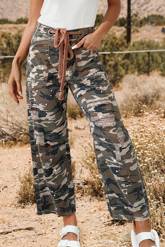 Camouflage Print Splashed Distressed Loose Denim Pants