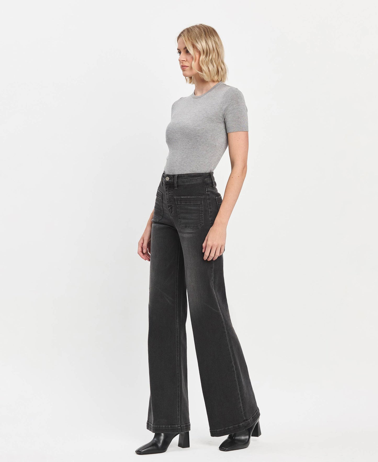 HIGH RISE PATCH POCKET BLACK WIDE LEG TROUSERS