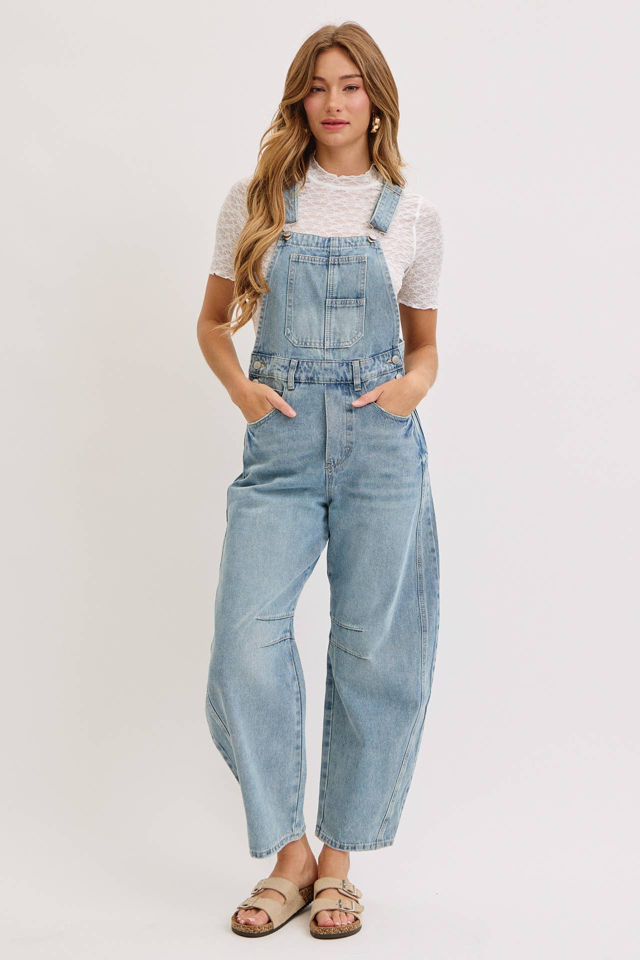 BARREL-LEG DENIM OVERALLS