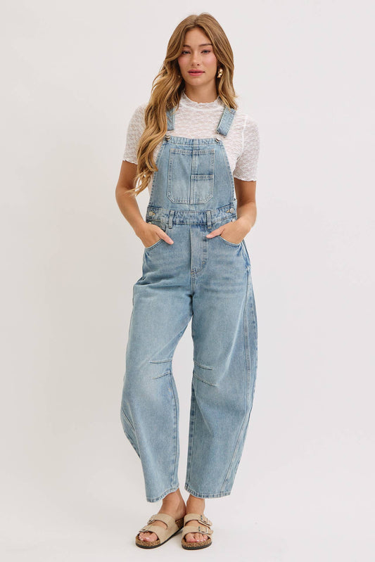 BARREL-LEG DENIM OVERALLS