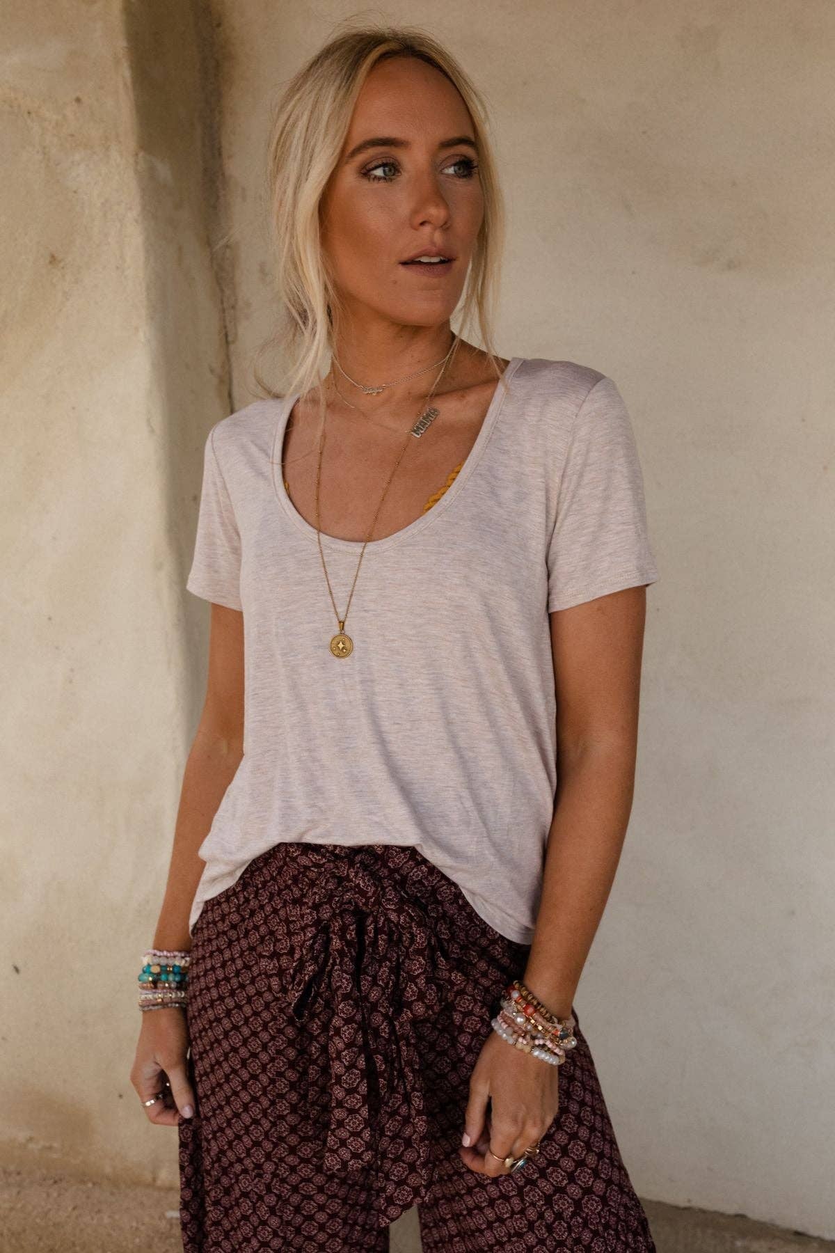 Scoop Neck Bralette Tee - Heather Oatmeal: S