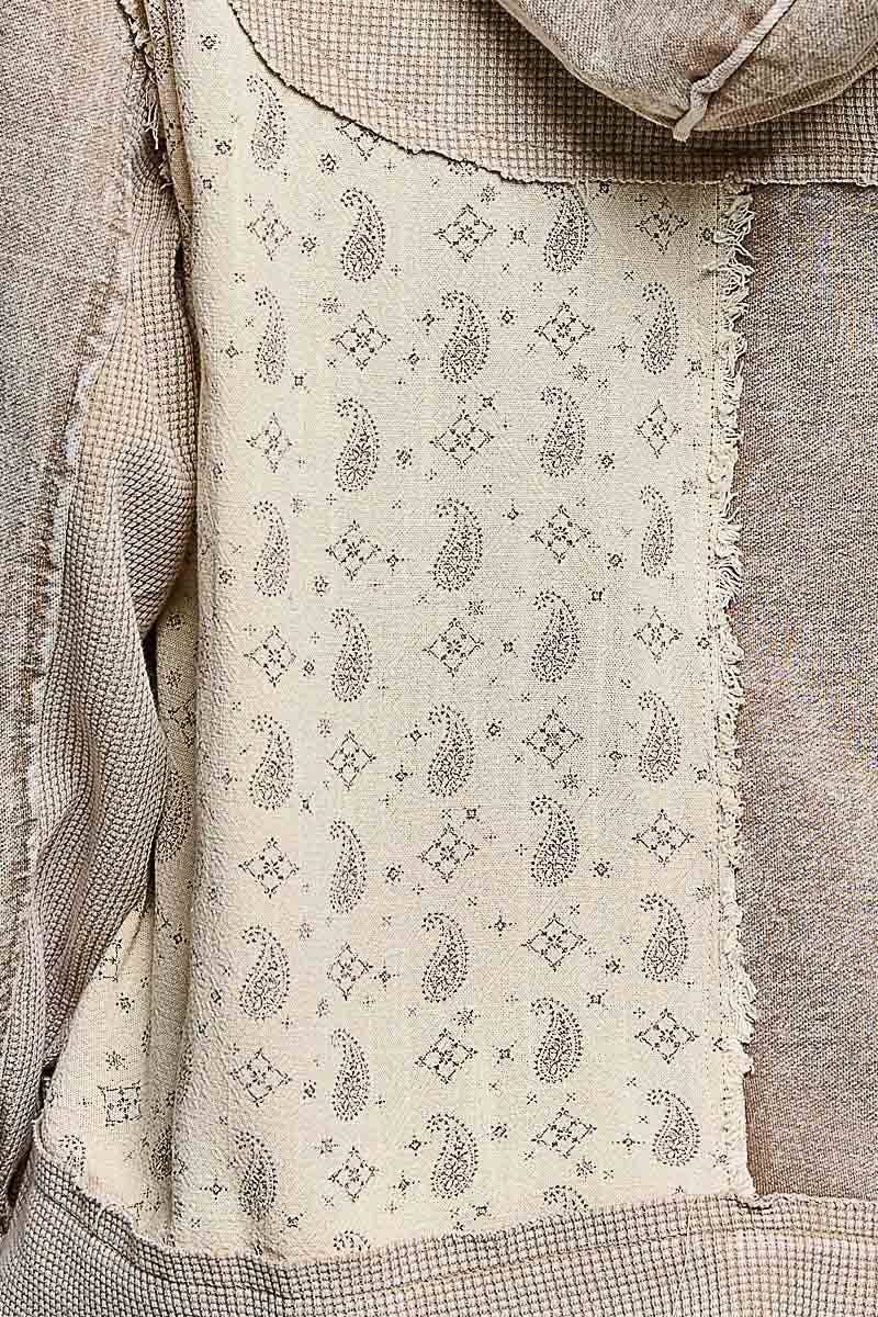 Mixed-Texture Patchwork Henley Button Patch Hoodie: DUSTY CHOCO / S