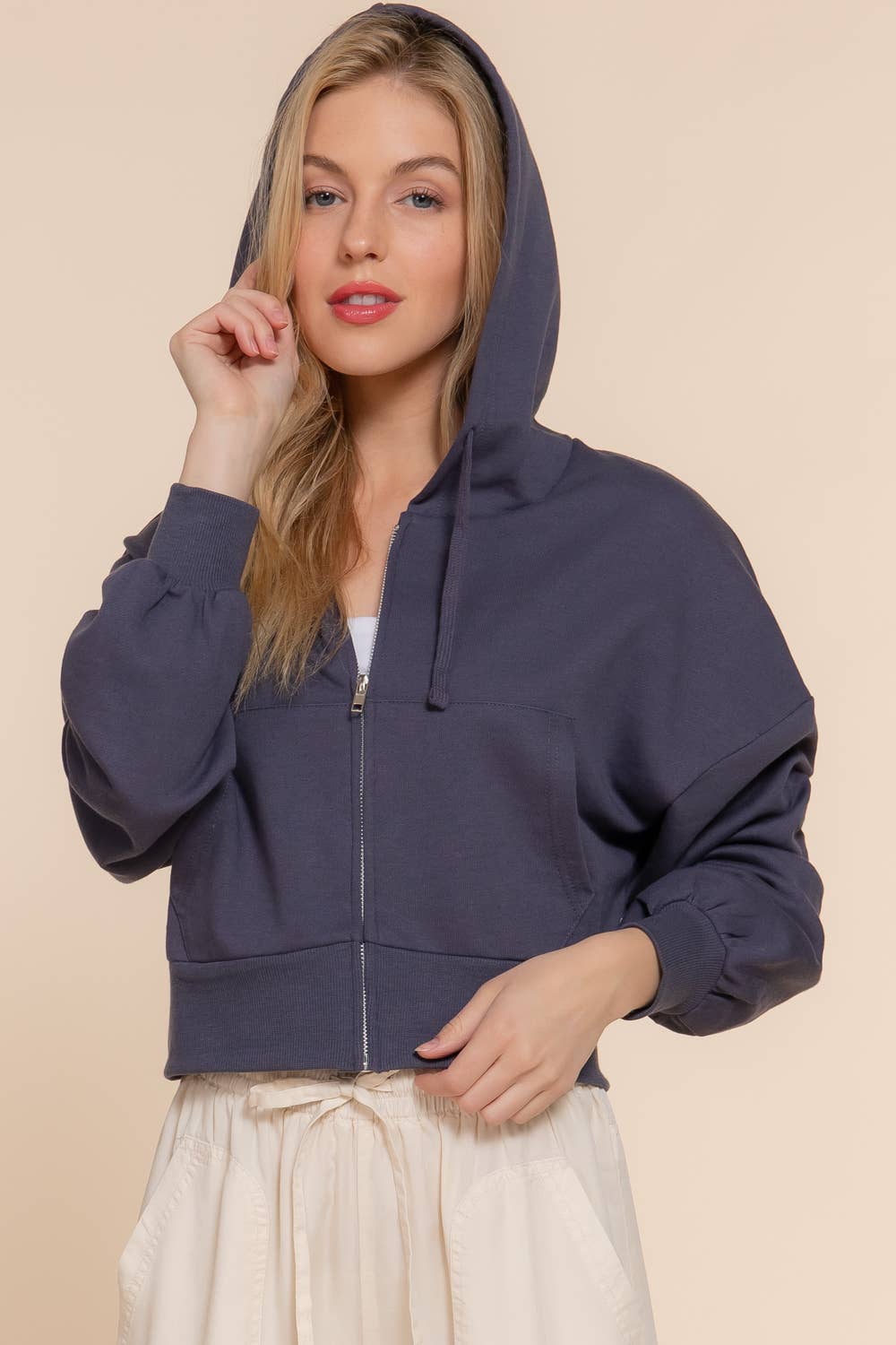 Long Sleeve Hoodie French Terry Zip Up Jacket: IVY-beige / S