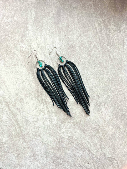 Bozeman Fringe Earrings w/ Turquoise Beads: Black