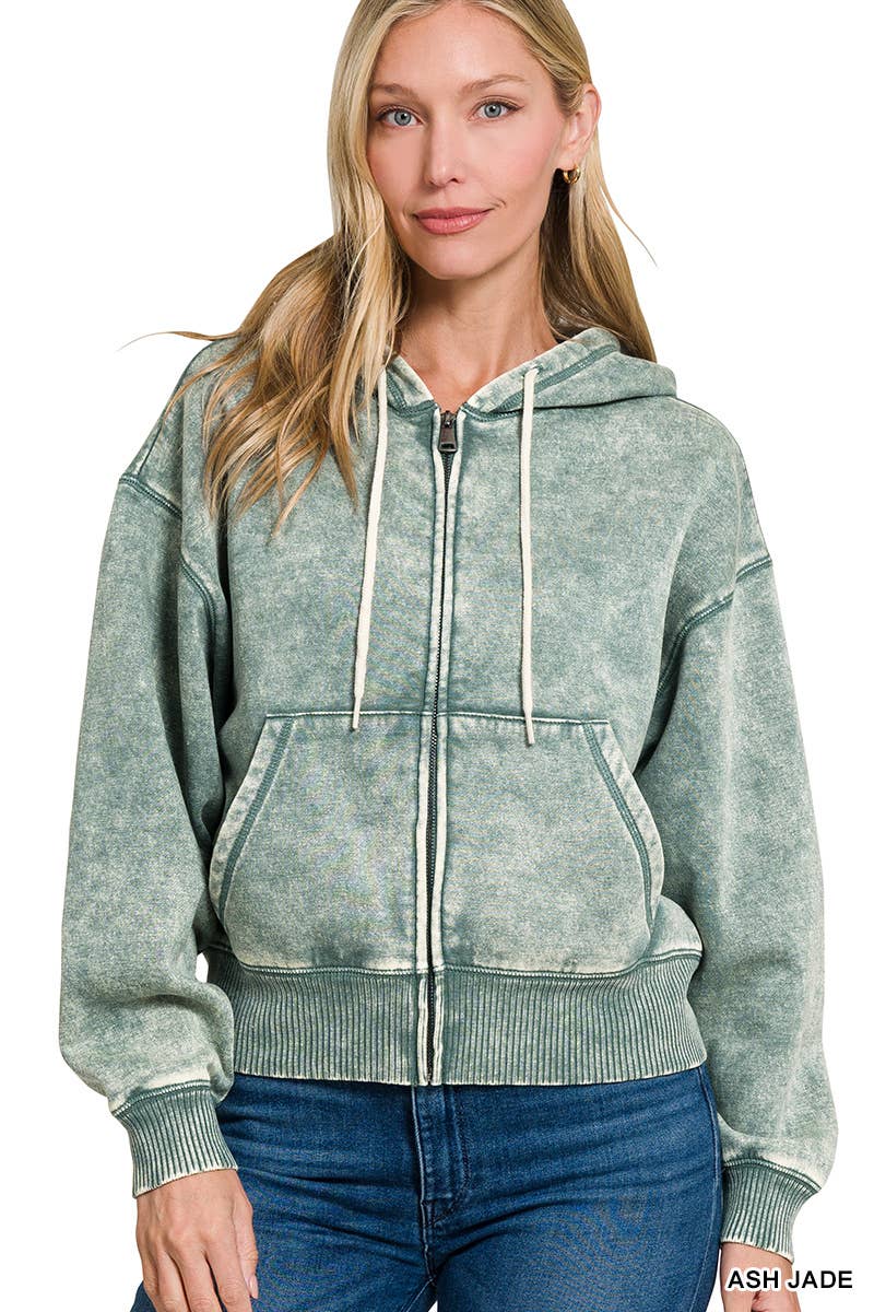 `Acid Wash Fleece Cropped Zip Up Hoodie - Zenana: MOCHA-159846 / S