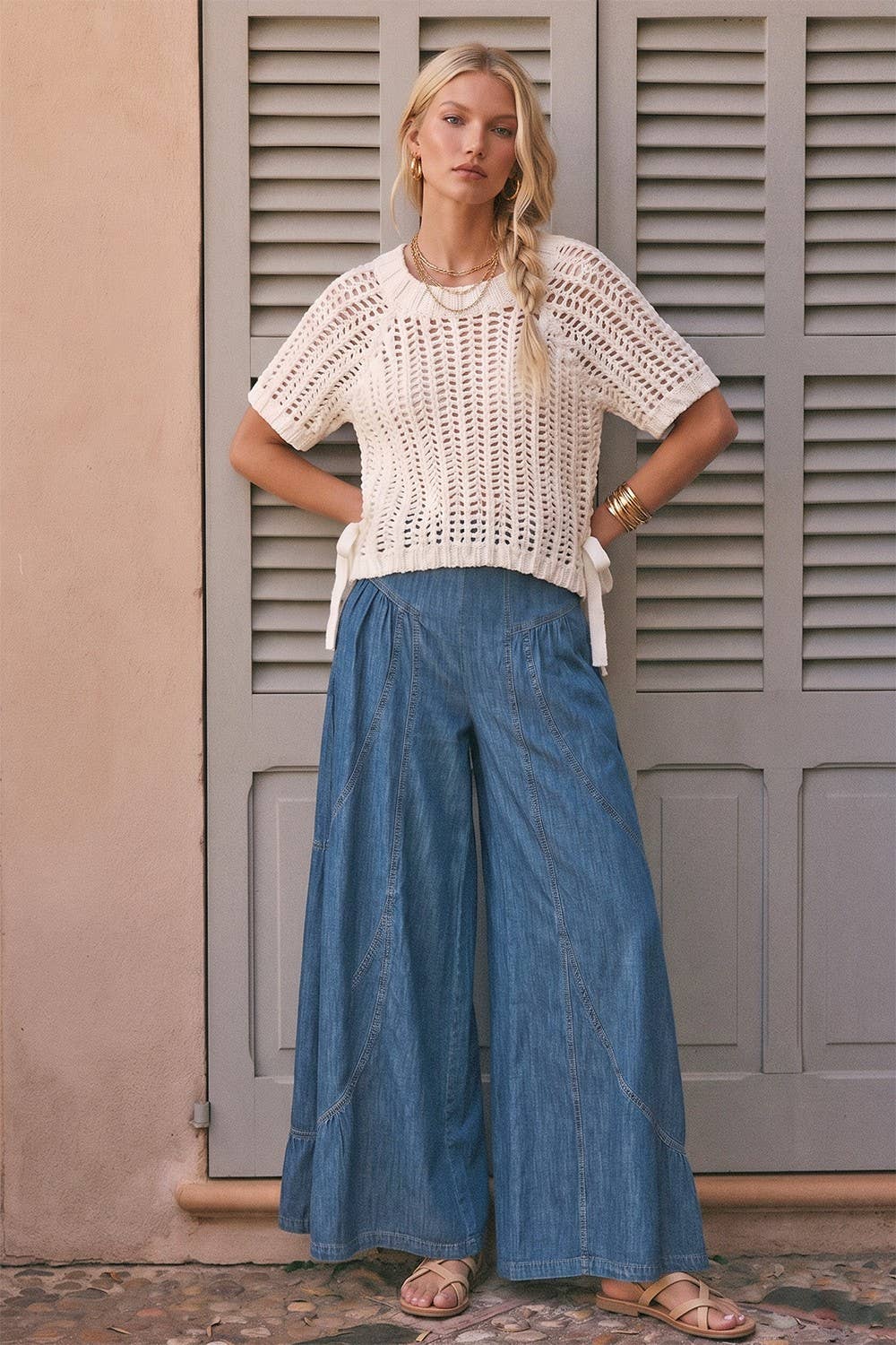 CHUNKY KNIT CROCHET SWEATER TOP WITH SIDE TIES W1551TIB   : Ivory / M