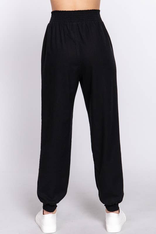 Smoked Waist Linen Jogger Pants: Blk-Black / S