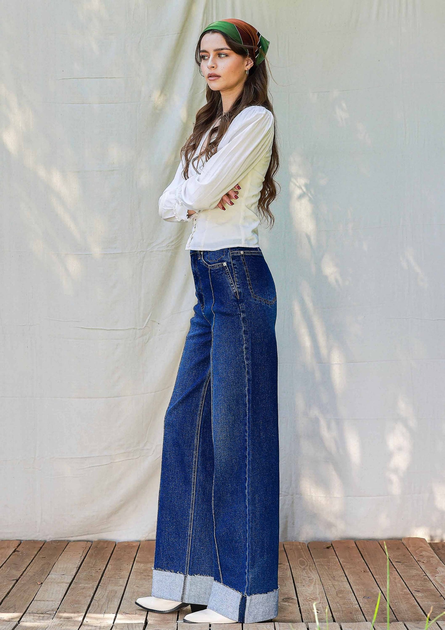 Folded Hem Wide Leg Jeans: Dark Stone
