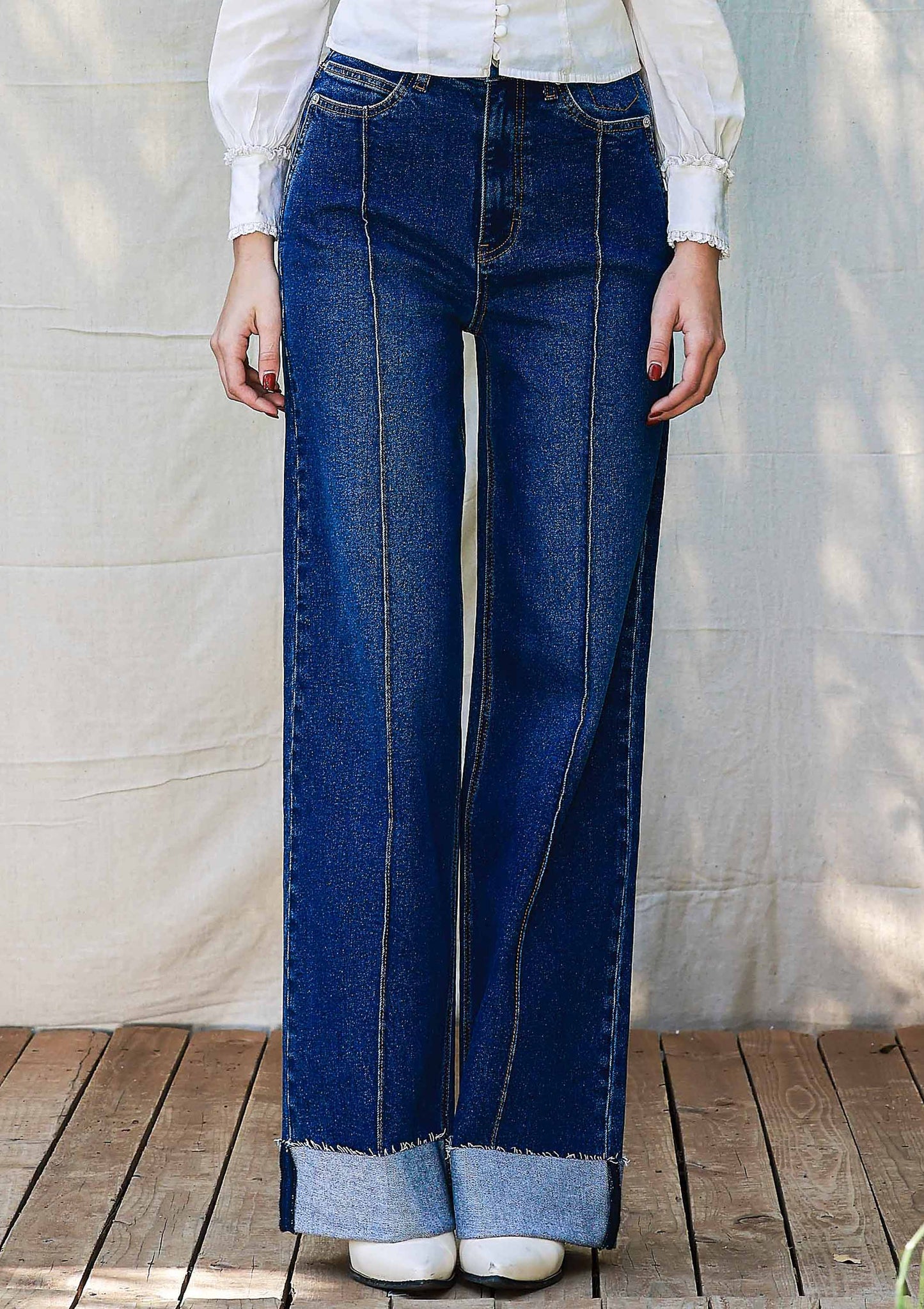 Folded Hem Wide Leg Jeans: Dark Stone